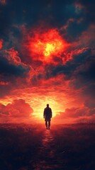 Fototapeta premium A Solitary Figure Confronts a Fiery Horizon, Offering a Moment of Reflection