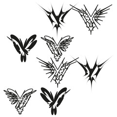 Abstract bird silhouettes. Dynamic splash elements. Black monochrome Vector. Decorative motion graphic.