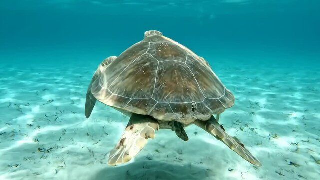 Underwater view showcases a sea turtle resting on a sandy seabed,  of its textured shell and face with vibrant blue water. The animal is observed peacefully in its natural habitat.