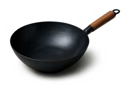 Black metal wok with wooden handle on transparent background