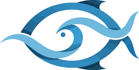 A stylized blue fish logo composed of flowing wavelike ribbons with a central wave forming the eye.