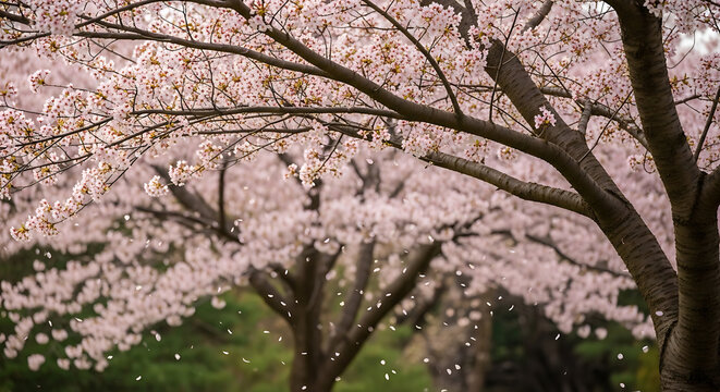 Cherry blossom tree with pink flowers in full bloom during springtime