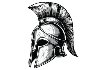 Naklejka premium Illustration of a spartan helmet, a symbol of ancient warriors, strength, and courage, depicted in a detailed black and white sketch style