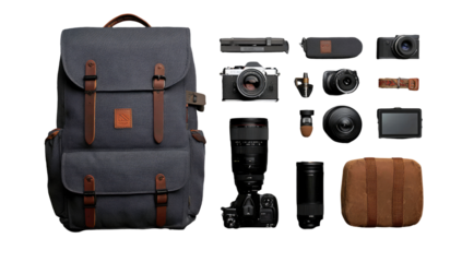 Photography gear spread across a dark background, including a large canvas backpack, various cameras, lenses, and accessories