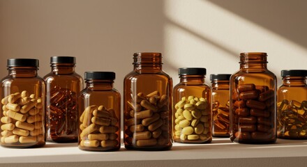 Glass jars filled with various dietary supplements on shelf  