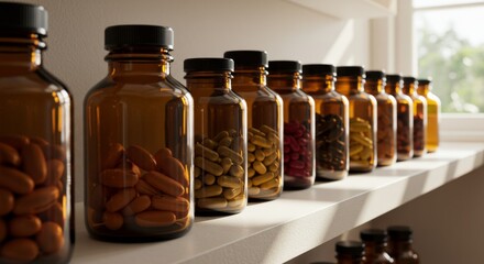 Amber glass bottles filled with various supplements on shelf  