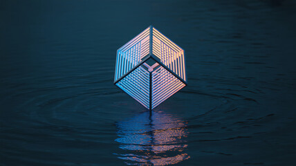 Illuminated geometric sculpture floating on dark water reflecting colorful lights