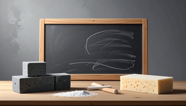 The image presents a wooden framed blackboard with white chalk markings on it, alongside a large sponge, chalk dust, three grey blocks, and small chalk sticks.