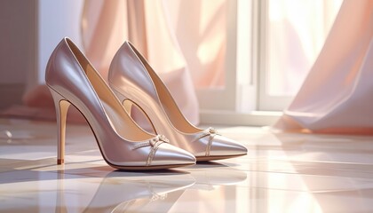 Elegant, satin high heels, poised side-by-side on a glossy tiled floor, reflecting soft natural light, featuring delicate bow accents on the toe, creating a sophisticated and luxurious ambiance, with.