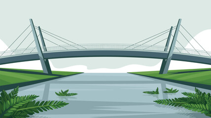 Fototapeta premium A simplistic illustration of a cable stayed bridge over a river with green banks and some plants visible
