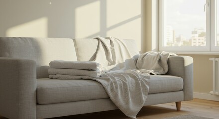 Cozy sofa with blankets and folded laundry in bright room  