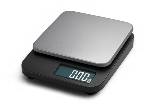 Kitchen scale measuring weight with digital display on transparent background