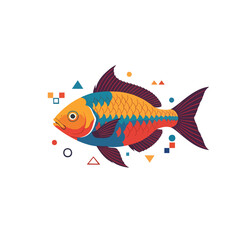 Fototapeta premium Colorful stylized fish illustration with geometric patterns and abstract decorative elements.