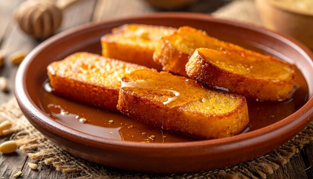 Salvadorean dish Torrejas en miel on rustic table setting. Homemade dessert, golden fried bread slices drenched in aromatic syrup, cultural and festive cuisine.
