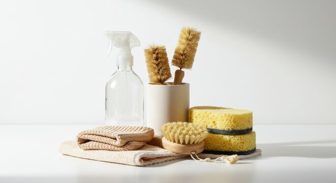 Cleaning supplies including sponges, brushes, and spray bottle on table - Powered by Adobe