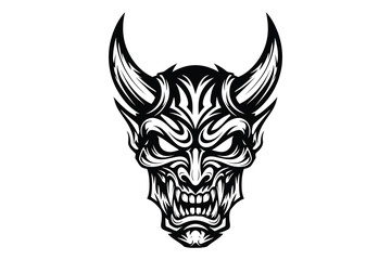 Naklejka premium Vector art of detailed black and white illustration of a menacing oni mask, showcasing intricate line work and a fierce expression