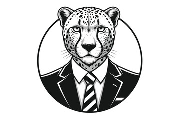 Vector art of a sophisticated cheetah in a suit and tie, , blending wild elegance with formal attire in a striking black and white design © Saharia