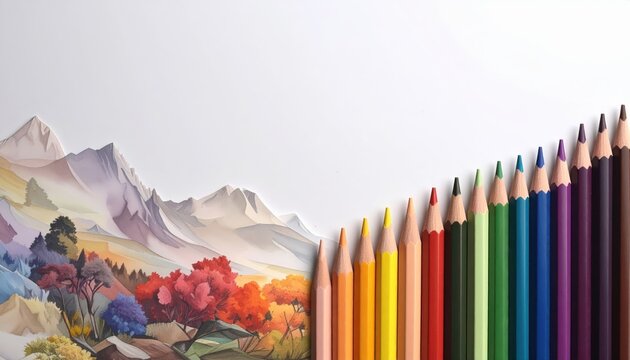 Colorful pencils arranged diagonally alongside a watercolor painting of a mountain landscape, evoking artistic creativity and design with a vibrant color palette and illustrative style.