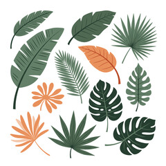 Naklejka premium A collection of various tropical plant leaves in green and orange colors.