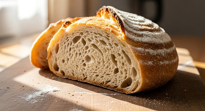 Close up of a sliced sourdough bread loaf on a wooden board - Powered by Adobe