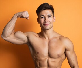 A muscular man displays toned physique against an orange backdrop, showcasing strength and wellness.