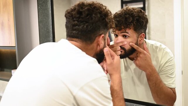 Squeezes pimples, pop it. Guy is in the bathroom, taking care of his appearance