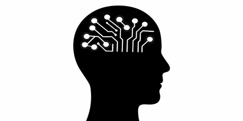 Futuristic AI Brain Concept: Human Head Silhouette with Circuit Board Design, representing Artificial Intelligence, Machine Learning and Innovation for Tech Industry