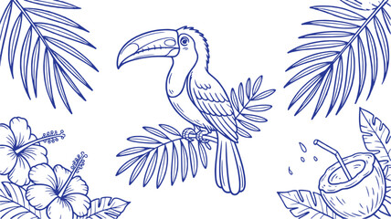 Hand-drawn sketch of a tropical toucan bird perched on jungle leaves. Ideal for wildlife illustrations, nature-themed designs, prints, and exotic branding. © Ethan