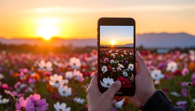 Taking a phone photo of a cosmos field at sunset