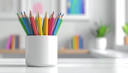 Obraz premium Colorful pencils stand upright inside a white ceramic container, showcasing a vibrant array of colors against a blurred backdrop of a bright, well-lit interior space, with hints of framed art and...