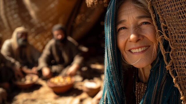 A woman peeking at three men sharing a meal, old testament bible story from desert life, Abraham's hospitality footage.