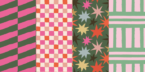 Vector set of seamless patterns – abstract hand-drawn quirky doodles, striped, plaid, and checkered designs – festive, party, and Christmas decorative wrapping paper and textile backgrounds