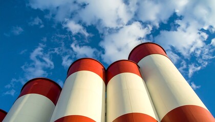 Towering Red and White Silos Under a Cloudy Sky