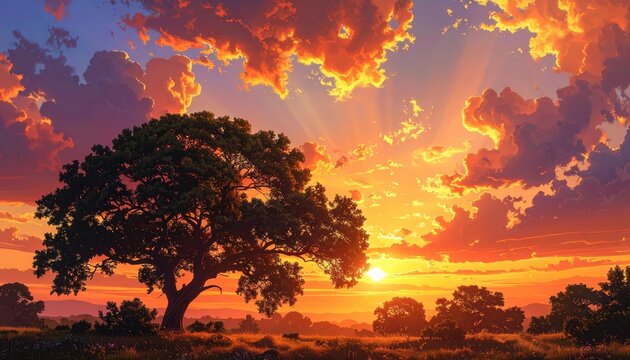Stunning sunset illuminates the landscape, casting golden light across the fields and silhouetting a large, leafy tree. - Powered by Adobe