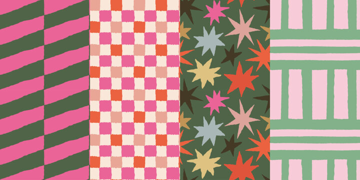 Vector set of seamless patterns – abstract hand-drawn quirky doodles, striped, plaid, and checkered designs – festive, party, and Christmas decorative wrapping paper and textile backgrounds