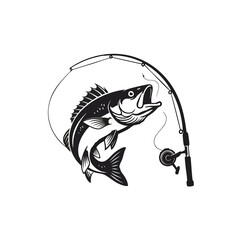 Vintage black and white illustration of a jumping bass fish caught on a bent fishing rod.
