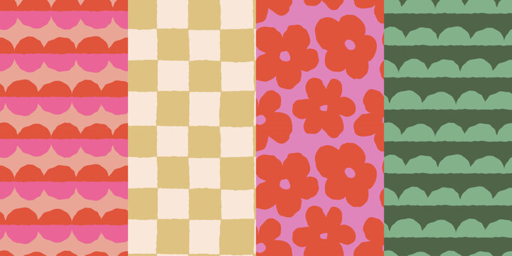 Vector set of seamless patterns – abstract hand-drawn quirky doodles, striped, plaid, and checkered designs – festive, party, and Christmas decorative wrapping paper and textile backgrounds