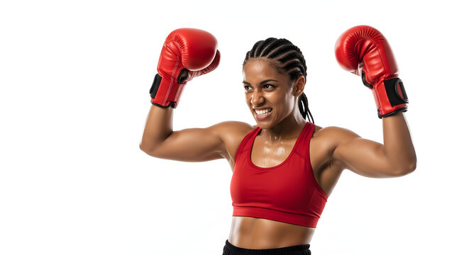 Determined female boxer celebrates victory with raised arms, showcasing strength and confidence in red gloves