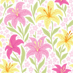 Tiger Lily Bloom seamless pattern. Vector illustration flat design background. 