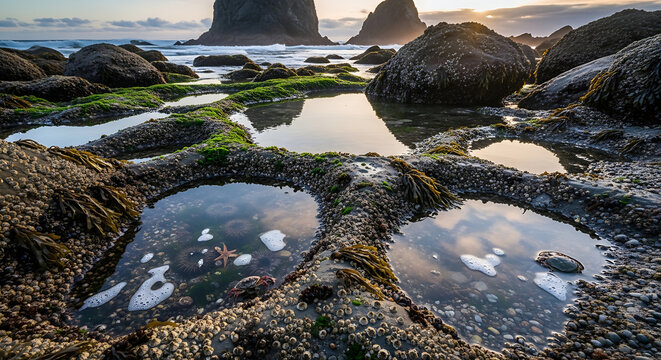 Tide pools on a rocky beach with sea stacks in the background at dusk