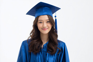 portrait of beautiful asian graduate from high school wearing a blue gown and cap on a white background