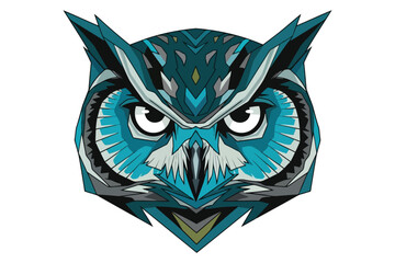 Vector art of a stylized owl head with intricate geometric patterns, its piercing eyes staring ahead, a colorful illustration of wisdom and mystery