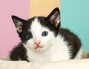 Tuxedo kitten on soft cushion