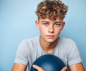 A teenage boy with curly hair and thoughtful expression holds a blue exercise ball against a light blue backdrop.