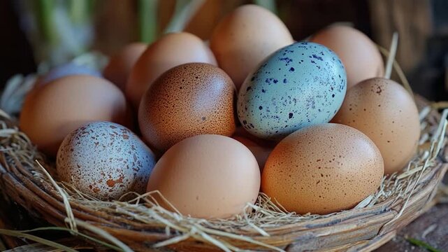 A basket filled with eggs sitting on top of a wooden table, great for still life or food photography