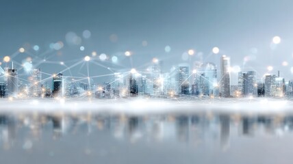 Futuristic network connecting buildings in a modern city skyline at twilight, symbolizing communication and wireless technology