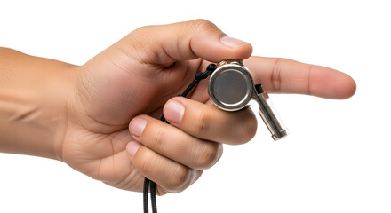 Hand holding a shiny metal whistle, ready to be blown, showcasing authority and signaling action