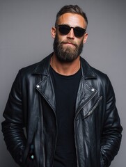 Obraz premium A confident man with a beard wearing sunglasses and a leather jacket. The photo has a neutral background, perfect for fashion or lifestyle themes.