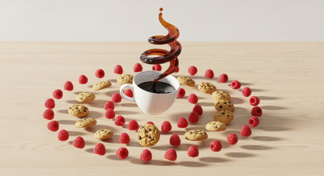 Coffee pouring into a white cup surrounded by cookies and raspberries arrangement - Powered by Adobe
