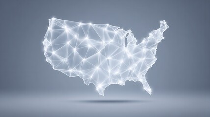 Digital wireframe map of united states glowing with geometric lines, reflecting on deep blue background with futuristic visual impact